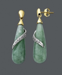 Spruce up your look in a fresh splash of green. Teardrop-shaped jade (27 mm x 8 mm) shines amongst swirling diamond accents. Crafted in 14k gold and sterling silver. Approximate drop: 1-1/2 inches.