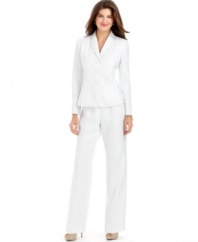 Le Suit's luminous pant suit shines with special details, like sleek seamed pleats at the jacket.
