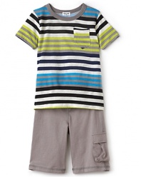 With bundled stripes and a ringer crewneck, Splendid Littles' pocket tee pairs perfectly with the solid cargo short.