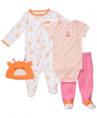 Even if it's  a zoo where she's at, she'll be comfy and calm in this 4-piece bodysuit, pant, coverall and hat set from Carter's.