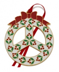 Send a message with this special Wallace peace ornament. Trimmed in cheery gold plate and enamel holly, it's a wreath that deserves a prominent place in every holiday home.