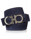 Show your true colors with the super cool blue suede belt, adorned with Salvatore Ferragamo's signature Gancini logo buckle in duplicate.