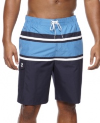 Striped style will help you standout in the waves with these swim trunks from Izod.
