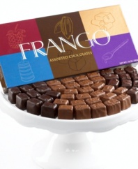 Variety truly is the spice of life! You'll find five of Frango's most popular flavors all in one box - rich, creamy and beautifully presented. Choose your favorite - caramel, cherry, toffee crunch, raspberry or double chocolate - before they're all gone. Since 1918, Frango has been cooking up batches of savory, melt-in-your-mouth chocolate. This one-pound, 45-piece box features the very best.