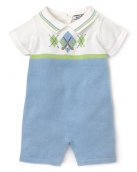 Blue and white sweater romper with argyle embroidery and stripe polo collar.