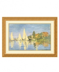 Sailboats pull away from the banks into the shimmering River Seine in Claude Monet's Boating at Argenteuil, 1872. A fine wooden frame with embossed detail and a radiant gold hue complements the artist's masterful use of light.
