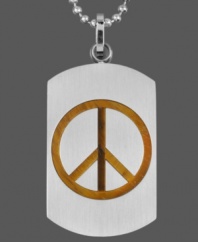 Style that makes a statement. Crafted in stainless steel, this polished men's pendant features a peace sign crafted from brown ion-plating. Set in stainless steel with a matching bead chain. Approximate length: 24 inches. Approximate drop length: 2 inches. Approximate drop width: 1-1/4 inches.