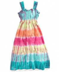 Awash in color. She can wear all the colors of the rainbow from head to toe in this flowing tie-dye maxi dress from Flapdoodles.
