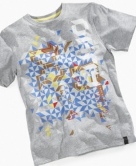 Abstract style. He can pull on this graphic t-shirt from DKNY to make his casual look more contemporary.