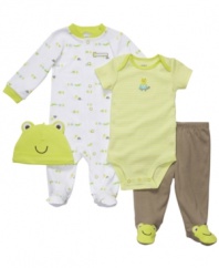 Friends forever. Keep your best little man comfy and cozy in this 4-piece bodysuit, pant, coverall and hat set from Carter's.