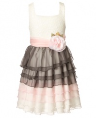 The soft colors and dainty lace ruffles on this dress from Bonnie Jean will let her subtly stand out wherever  she goes.