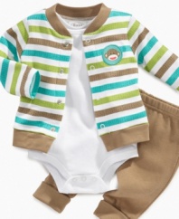 Your little monkey will be ready to play all day in this comfy bodysuit, jacket and pant 3-piece set from Baby Starters.