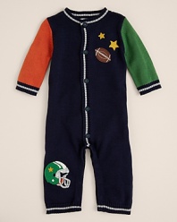 Kitestrings by Hartstrings' cuddly romper is rendered in soft knit cotton, with sports-related appliques and stripe trim.