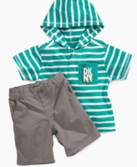 He'll have solid style and comfort in an instant with this cute, striped hoodie and short set from DKNY.