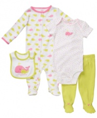 What a water baby. Show off her love for sea critters even on dry land with this adorable 4-piece bodysuit, pant, coverall and bib set from Carter's.