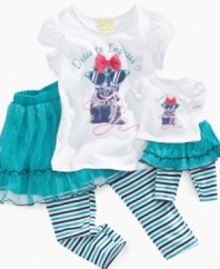 She can impress the rest with this adorable puppy shirt and skirt set with attached leggings from Sweet Heart Rose, with an included outfit for her little friend.