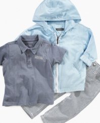 Be prepared for anything. Layer him in cuteness with this cool polo shirt, pant and jacket set from Kenneth Cole Reaction.