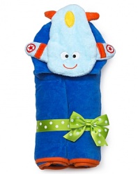 Baby will stay high and dry wrapped in this so-soft hooded terry towel featuring a smiling airplane and contrast trim. It comes tied up with a polka dotted bow - an adorable gift for a baby shower!