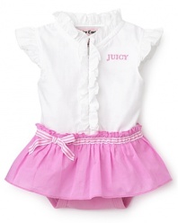 Ruffles adorn the collar and attached skirt of this one-piece dress and bodysuit. With snap closures tucked under the skirt for easy diaper changing, it's practical and pretty - an adorable look for a summer picnic.