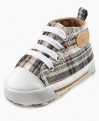 Kick him into high gear with these adorable plaid sneakers from First Impressions.