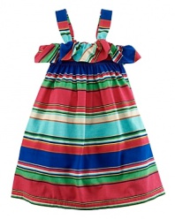 This adorable striped cotton jersey tank dress features a pretty ruffled neckline and a smocked empire waist.