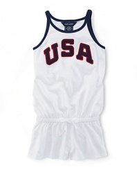 A red, white and blue design with U.S.A. patching gives a preppy, all-American look to a pretty warm-weather romper in celebration of Team USA's participation in the 2012 Olympics.