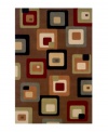 Modern and eye-catching, this rug features an allover pattern of concentric squares in complementary shades of deep red, slate blue, olive and beige against a chocolate brown ground, lending a sense of intrigue as well as comfort to the room. Hand carved of plush 100% New Zealand wool.