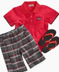 Suiting up for the surf won't be a problem thanks to this polo shirt, plaid shorts and sandals set from Kids Headquarters.