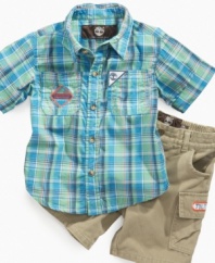 Pump up the plaid. He'll have the preppy-look down-pat with this handsome short-sleeved shirt and cargo-short set from Timberland.