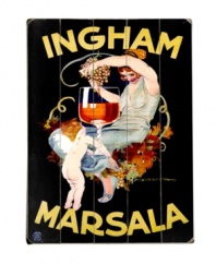 An Ingham ad from the early twentieth century, this wooden sign shows two heavenly figures topping off a giant goblet of marsala wine. A design by one of Italy's most renowned posterists, Marcello Dudovich.