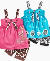 What a zoo. She'll be ready to go wild in one of these cute animal-print tunic and bike short sets from Nannette.