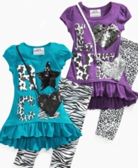 Dress her up to take her out in this dainty tunic and animal print leggings set with cute heart purse from Beautees.