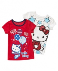 With the help of her favorite cartoon kitty on this sparkly graphic t-shirt from Hello Kitty, she will cause quite the style sensation.