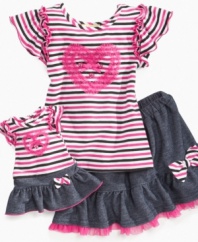 Jump for joy. She'll be ready to play in this ruffly shirt and skirt set from Sweet Heart Rose, with a matching outfit so she'll look just like her special little friend.