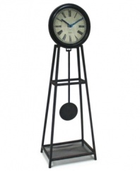 Enjoy every moment at home with this wrought iron clock. A working pendulum hypnotizes everyone around your table with grand, traditional style. Black metal hands point to bold Roman numerals on a classic off-white dial.