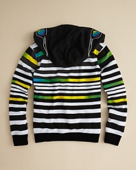 Outfitted with wild stripes in neon, this cool hoodie zips ALL the up, creating a fun face mask with see-through sunglass print for a totally covert cool.