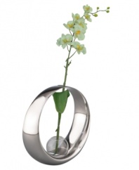 Celebrate nature with Nambe. Sculpted in a fluid metal ring, the Globe bud vase transforms a stem of silk orchids – or your favorite fresh flowers – into modern art. A beautiful bridal shower or birthday gift!
