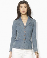 Lauren Jeans Co.'s blazer is flawlessly designed in a feminine, tailored silhouette from soft, faded and heavily distressed denim to create a beautiful vintage look with contemporary polish