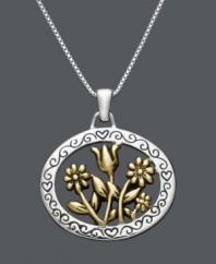 Remind yourself that there's always room to grow. This clever inspirational pendant features a sterling silver open circle design with engraved edges. Inside find a blooming garden crafted in 18k gold over sterling silver. Approximate length: 18 inches. Approximate drop: 7/8 inch x 6/8 inch.