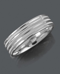 Stately design for the modern man. This stylish men's ring feature a 14k white gold band with an intricate milgrain design. Sizes 6-13.