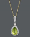 Add a little glamour in green. A pear-cut peridot (1-7/8 ct. t.w.) surrounded by a circle of round-cut diamonds (1/10 ct. t.w.) makes quite the glowing statement. Crafted in 14k gold. Approximate length: 18 inches. Approximate drop: 3/4 inch.