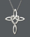 A unique spin on the traditional cross necklace. This pendant features a round-cut diamond (1/10 ct. t.w.) encrusted heart woven into a cross. Set in sterling silver. Approximate length: 18 inches. Approximate drop: 1 inch.
