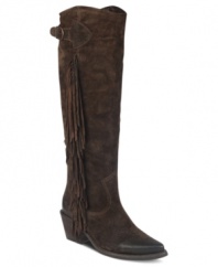 Strikingly tall. Carlos by Carlos Santana's Ringo western boots have fringe detail all along the sides and buckle detail at tippy top of the shaft.