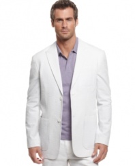 Slim down your wardrobe options with this Perry Ellis seersucker blazer.
