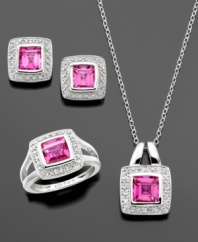 Enchanting and romantic, this pendant, ring and earrings set is perfect for a special occasion. Featuring princess-cut pink topaz (6-3/4 ct. t.w.) and round-cut diamond accents set in sterling silver. Pendant measures approximately 18 inches with a 1-inch drop. Ring is size 7.