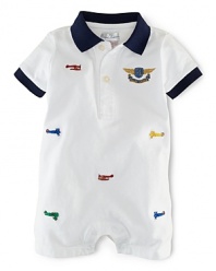 A preppy short-sleeved shortall in soft cotton jersey is designed with allover aviation-inspired embroidery for a sporty look.