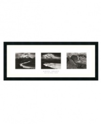 Go cross country with Ansel Adams. The famed landscape photographer leads the way through America's magnificent national parks in this black-and-white triptych. Frame features smooth, matte-black finish.