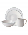 Less is more. Make a big statement with the minimalist shapes and limestone-white hue of Nature's Canvas place settings by Wedgwood. Durable stoneware with turquoise trim and a half-glazed, half-matte finish boasts cool, modern appeal.