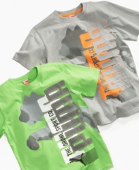 Hear him roar. The striking silhouette graphics on these t-shirts from Puma add a bold boost to his casual style.