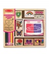 Featuring a rainbow, hearts, and more, children love using 8 playful stamps and a two-color inkpad. It's fun creating countless scenes and coloring in the pictures with the 5 colored pencils! This well-crafted set is conveniently contained in a sturdy wooden box for organizing and storage. It's a tremendous value that children will use over and over again!